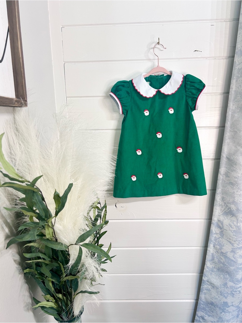 Girls Green Holiday Embroidered Dress with Peter Pan Collar